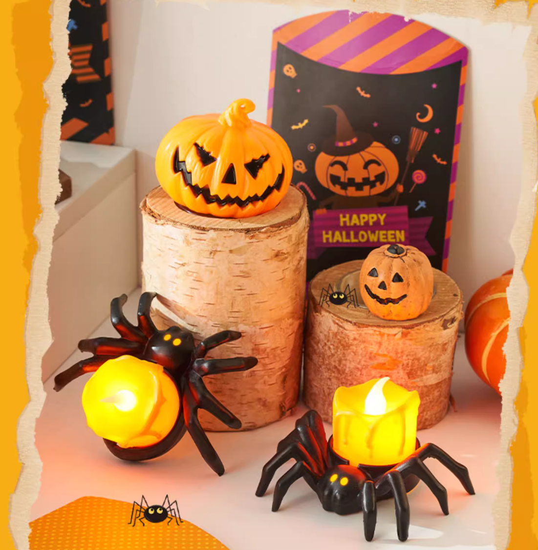 🏆2025 Halloween Hot Sale⚡🎃Halloween LED Pumpkin Lamp with Creepy Spider - Flameless Flickering Candle Light for Home Decor🕷️