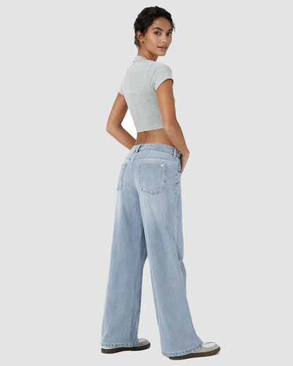 Asymmetric Low Rise Zipper Pockets Baggy Wide Leg Washed Casual Jeans