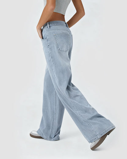 Asymmetric Low Rise Zipper Pockets Baggy Wide Leg Washed Casual Jeans