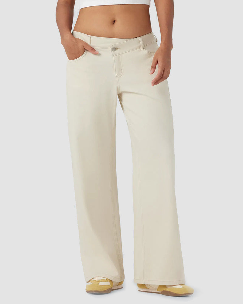 Asymmetric Low Rise Zipper Pockets Baggy Wide Leg Washed Casual Jeans