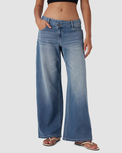 Asymmetric Low Rise Zipper Pockets Baggy Wide Leg Washed Casual Jeans